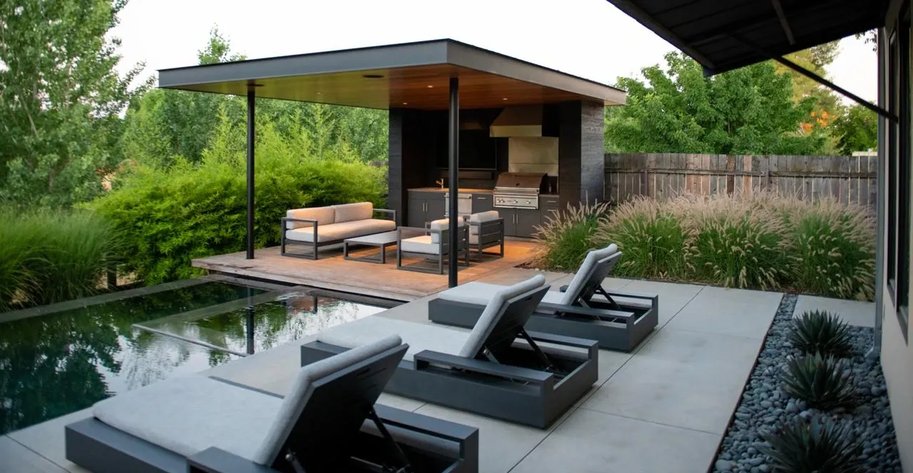 Pool terrace with lounge chairs and a covered outdoor kitchen pavilion