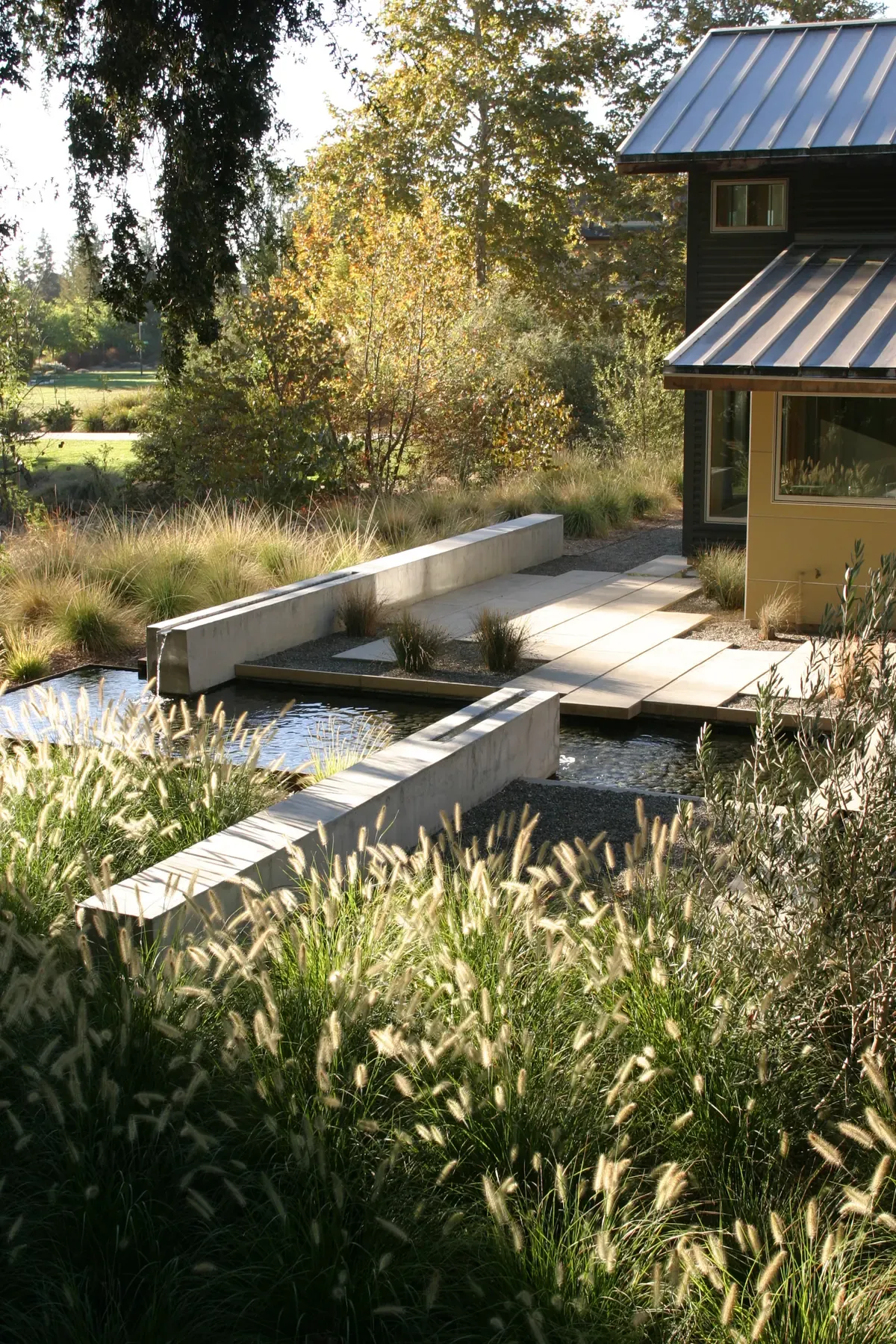 The house across the water channel, grasses massed in front