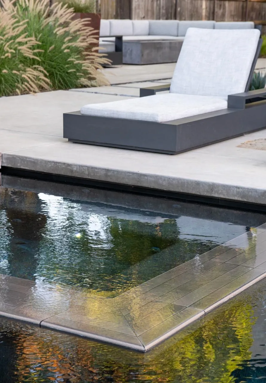 Gray lounge chair beside the pool and its shallow submerged ledge
