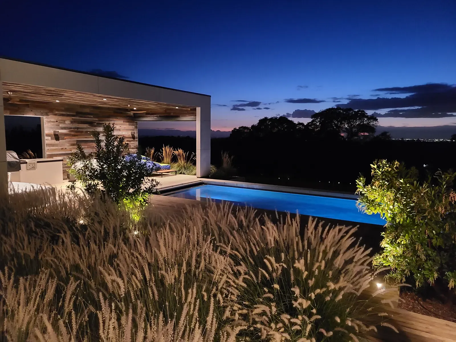Grasses in the foreground with the pool and pavilion beyond at dusk