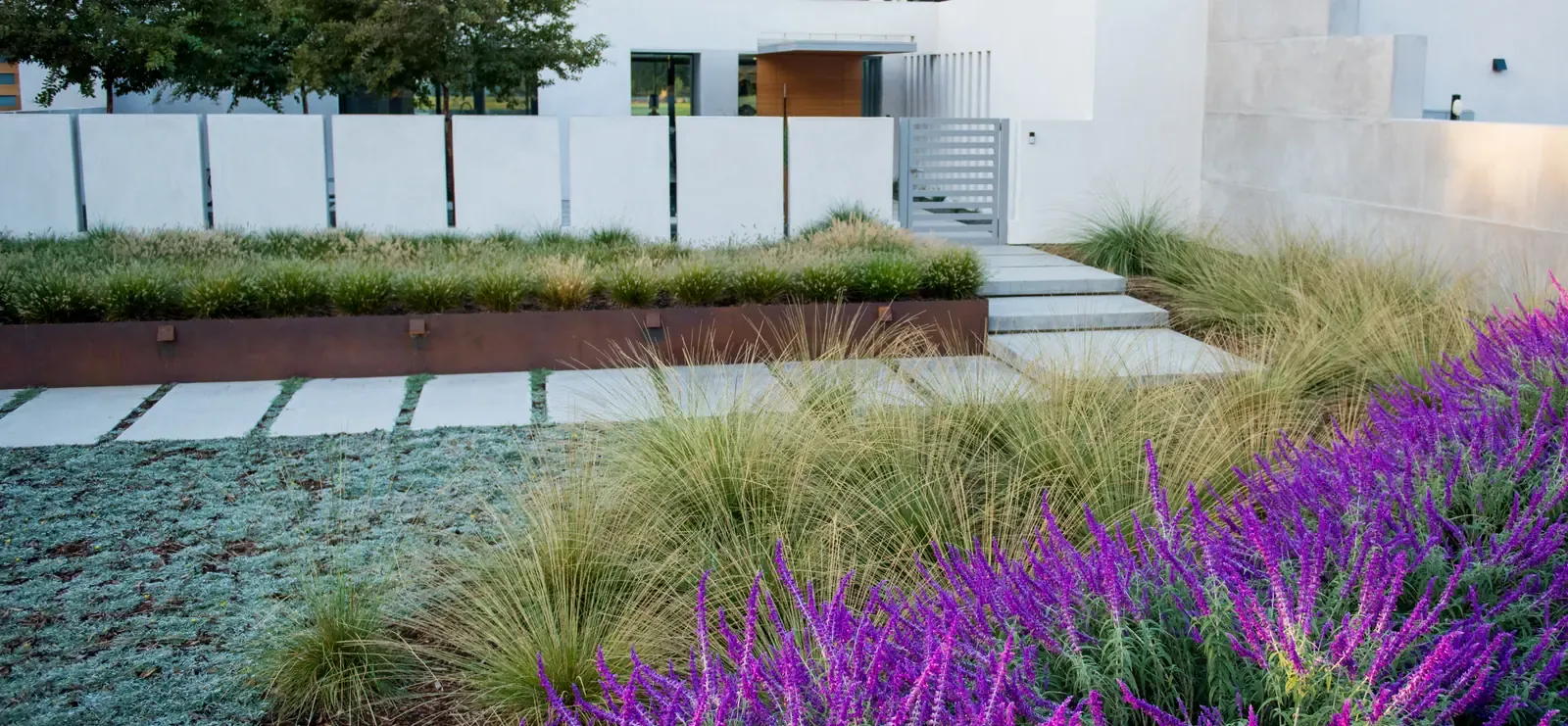 Long planter and paving running the width of the frontage