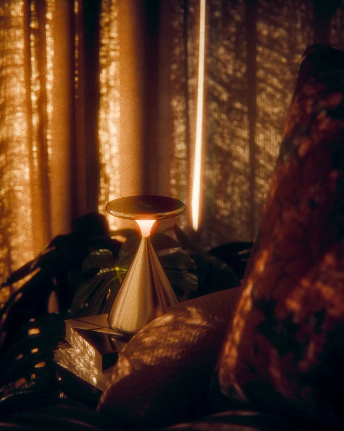 Table lamp glowing beside a houseplant